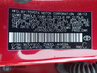 2013 Toyota Prius One with VIN JTDKN3DU9D1725010, listed as a IAAI auction lot 41955615 with 266,378 mi miles and . Bid and sale history available at carsss.com. Image 9.