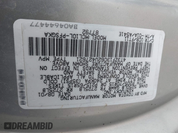 2002 Toyota Sienna LE with VIN 4T3ZF13C62U427621, listed as a IAAI auction lot 41046114 with 273,301 mi miles. Bid and sale history available at carsss.com. Image 9.
