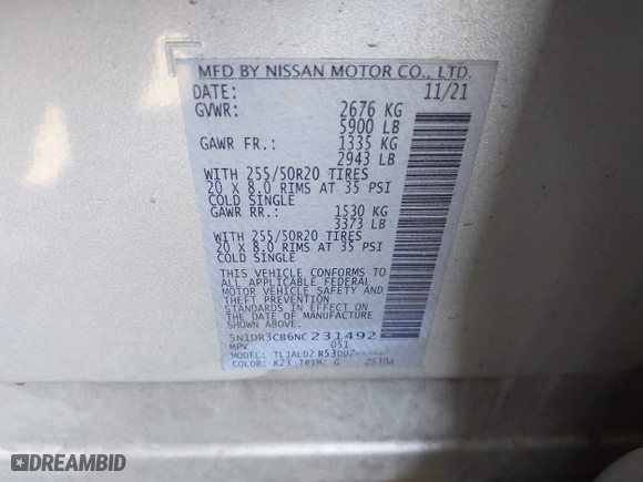 2022 Nissan Pathfinder SL with VIN 5N1DR3CB6NC231492, listed as a IAAI auction lot 41646047 with 83,972 mi miles. Bid and sale history available at carsss.com. Image 9.