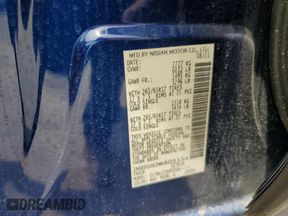 2022 Nissan Frontier S with VIN 1N6ED1EK2NN605154, listed as a Copart auction lot 57241055 with 33,989 mi miles and Salvage title. Bid and sale history available at DreamBid. Image 12.