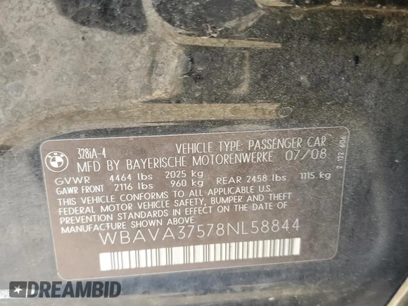 2008 BMW 3 Series 328i with VIN WBAVA37578NL58844, listed as a Copart auction lot 50843505 with 127,904 mi miles and Salvage Title. Bid and sale history available at DreamBid. Image 12.