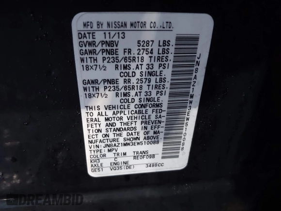 2014 Nissan Murano S with VIN JN8AZ1MW3EW510088, listed as a IAAI auction lot 41526893 with 193,364 mi miles and . Bid and sale history available at DreamBid. Image 9.