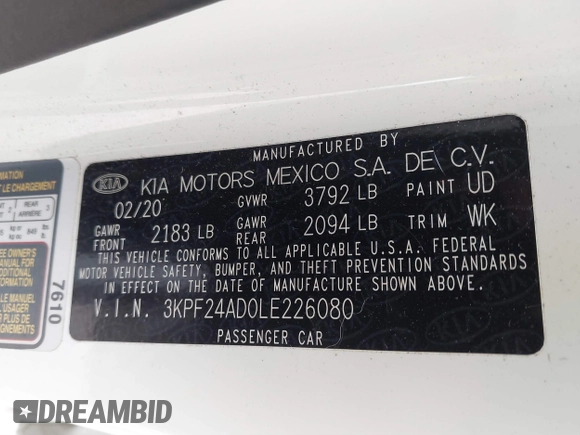 2020 Kia Forte LXS with VIN 3KPF24AD0LE226080, listed as a IAAI auction lot 41624285 with 10,122 mi miles. Bid and sale history available at carsss.com. Image 9.