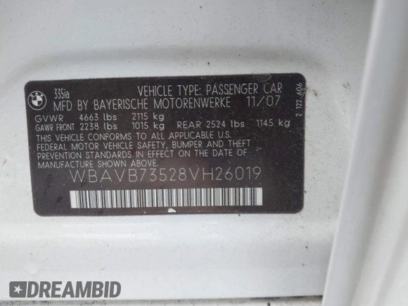 2008 BMW 3 Series 335i with VIN WBAVB73528VH26019, listed as a IAAI auction lot 42238763 with Not provided miles and . Bid and sale history available at DreamBid. Image 9.
