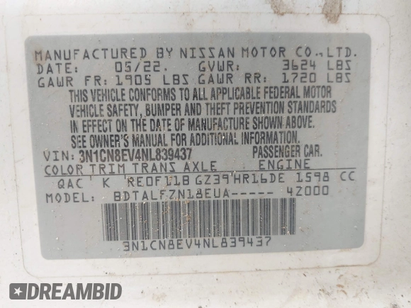 2022 Nissan Versa SV with VIN 3N1CN8EV4NL839437, listed as a IAAI auction lot 42235889 with 46,138 mi miles and . Bid and sale history available at DreamBid. Image 9.