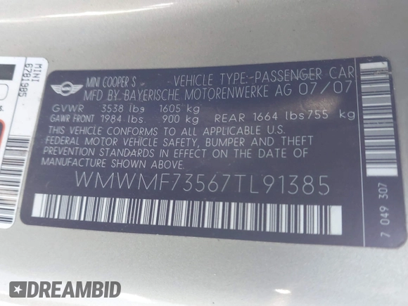 2007 MINI Hardtop S with VIN WMWMF73567TL91385, listed as a IAAI auction lot 41866865 with 114,778 mi miles and . Bid and sale history available at DreamBid. Image 9.