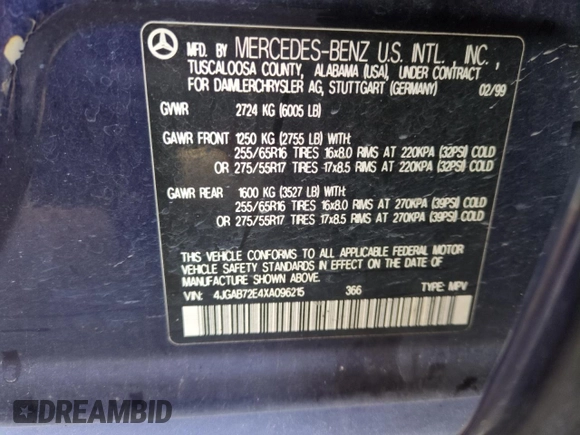 1999 Mercedes-Benz M 320/430/500 with VIN 4JGAB72E4XA096215, listed as a Copart auction lot 88049355 with Not provided miles and Salvage title. Bid and sale history available at DreamBid. Image 12.