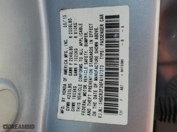 2015 Honda Accord Sedan LX with VIN 1HGCR2F36FA197373, listed as a Copart auction lot 50452045 with 116,872 mi miles and Salvage Title. Bid and sale history available at carsss.com. Image 12.