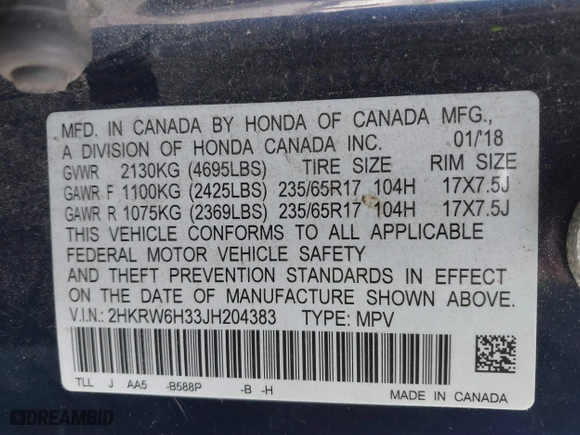 2018 Honda CR-V LX with VIN 2HKRW6H33JH204383, listed as a IAAI auction lot 40906241 with 146,394 mi miles. Bid and sale history available at carsss.com. Image 9.