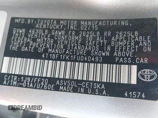 2015 Toyota Camry XLE z VIN 4T1BF1FK1FU040493, wystawiony jako IAAI lot #41767343 z przebiegiem 170 232 mil mil oraz . Historia ofert i sprzedaży dostępna na DreamBid. Obrazek 9.