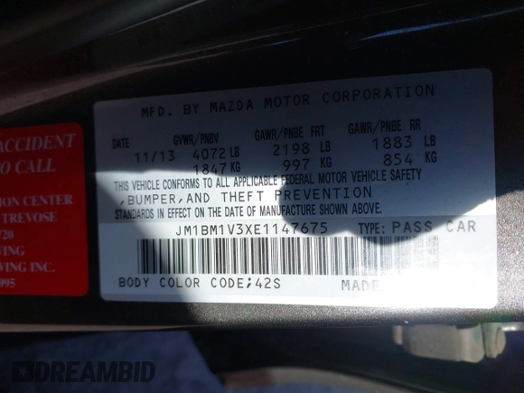 2014 Mazda 3 S Touring with VIN JM1BM1V3XE1147675, listed as a IAAI auction lot 41676716 with Not Provided miles and . Bid and sale history available at DreamBid. Image 9.