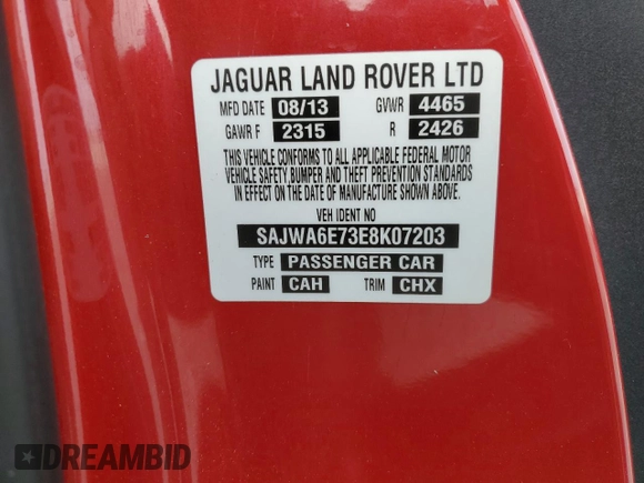 2014 Jaguar F-Type V6 with VIN SAJWA6E73E8K07203, listed as a Copart auction lot 70246224 with 46,641 mi miles and Salvage Title. Bid and sale history available at DreamBid. Image 13.