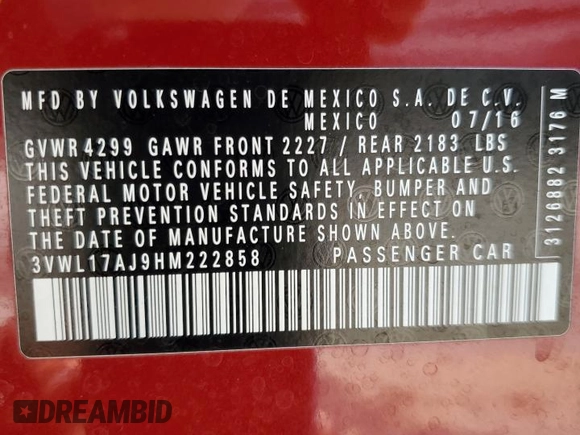 2017 Volkswagen Jetta SEL with VIN 3VWL17AJ9HM222858, listed as a Copart auction lot 61247685 with 86,819 mi miles and Salvage title. Bid and sale history available at DreamBid. Image 12.