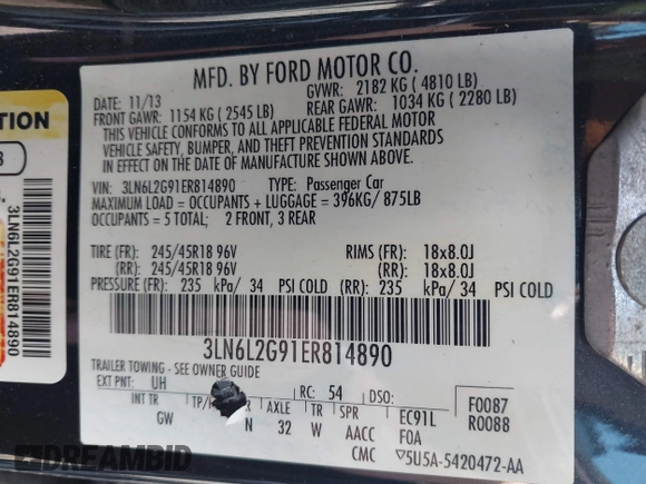 2014 Lincoln MKZ with VIN 3LN6L2G91ER814890, listed as a IAAI auction lot 41651789 with 143,445 mi miles and . Bid and sale history available at DreamBid. Image 9.