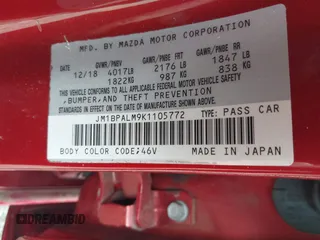 2019 Mazda 3 with VIN JM1BPALM9K1105772, listed as a IAAI auction lot 42350918 with 53,931 mi miles and . Bid and sale history available at DreamBid. Image 9.