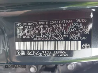 2008 Toyota Yaris with VIN JTDBT923881274998, listed as a IAAI auction lot 41891341 with Not Provided miles and . Bid and sale history available at DreamBid. Image 9.