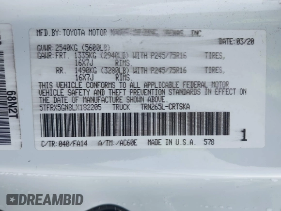 2020 Toyota Tacoma SR с VIN 5TFRX5GN8LX182205, выставлен на аукционе IAAI как лот 42168404 с пробегом 67 903 миль миль и . История ставок и продаж доступна на DreamBid. Изображение 9.