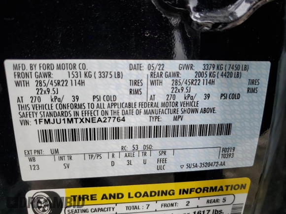 2022 Ford Expedition Platinum with VIN 1FMJU1MTXNEA27764, listed as a Copart auction lot 58815345 with 67,219 mi miles and Salvage title. Bid and sale history available at DreamBid. Image 14.