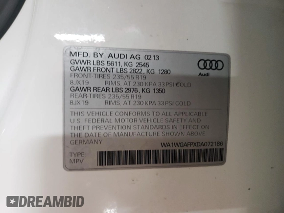 2013 Audi Q5 Prestige with VIN WA1WGAFPXDA072186, listed as a Copart auction lot 88926785 with 133,847 mi miles and Salvage title. Bid and sale history available at DreamBid. Image 12.