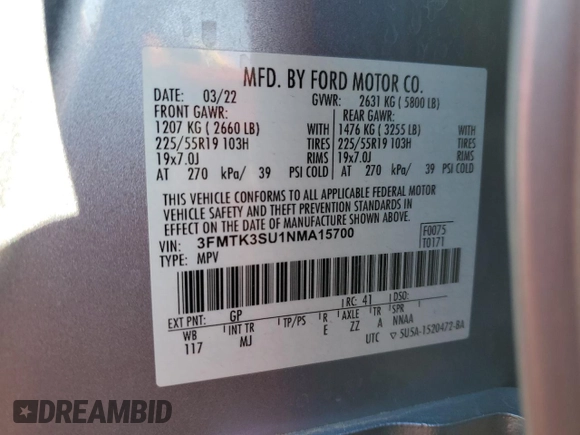 2022 Ford Mustang Mach-E Premium with VIN 3FMTK3SU1NMA15700, listed as a Copart auction lot 45140055 with 74,700 mi miles and Salvage Title. Bid and sale history available at DreamBid. Image 14.