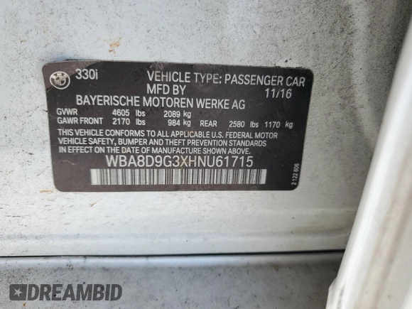2017 BMW 3 Series 330i xDrive with VIN WBA8D9G3XHNU61715, listed as a Copart auction lot 62858515 with 89,190 mi miles and Clean title. Bid and sale history available at DreamBid. Image 12.