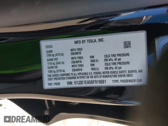 2025 Tesla Model 3 Long Range with VIN 5YJ3E1EA5SF919681, listed as a IAAI auction lot 41818042 with 2,173 mi miles and . Bid and sale history available at DreamBid. Image 9.