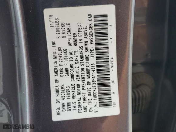 2017 Honda Accord Sedan LX with VIN 1HGCR2F38HA114318, listed as a Copart auction lot 52413145 with 95,867 mi miles and Salvage Title. Bid and sale history available at carsss.com. Image 13.