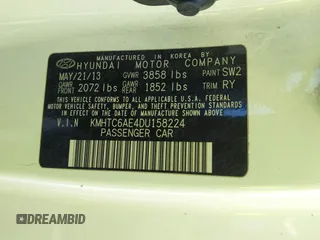 2013 Hyundai Veloster Turbo with VIN KMHTC6AE4DU158224, listed as a IAAI auction lot 42725813 with Not provided miles and . Bid and sale history available at DreamBid. Image 9.