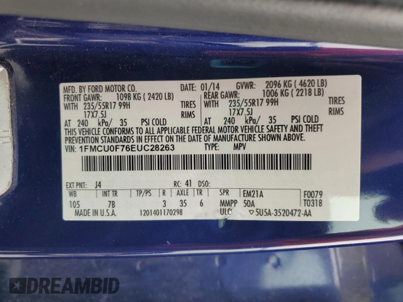 2014 Ford Escape S с VIN 1FMCU0F76EUC28263, выставлен на аукционе Copart как лот 53299455 с пробегом 200 488 миль миль и Списание • Salvage title. История ставок и продаж доступна на DreamBid. Изображение 12.
