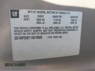 2001 Chevrolet Impala with VIN 2G1WF55E119318929, listed as a IAAI auction lot 41241916 with 149,040 mi miles and . Bid and sale history available at DreamBid. Image 9.