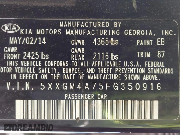 2015 Kia Optima LX with VIN 5XXGM4A75FG350916, listed as a IAAI auction lot 41279240 with 1 mi miles. Bid and sale history available at carsss.com. Image 9.