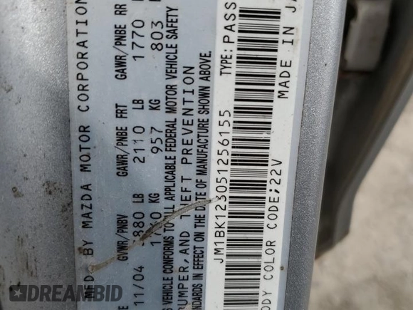 2005 Mazda 3 s with VIN JM1BK123051256155, listed as a Copart auction lot 54400495 with 213,989 mi miles and Clean Title. Bid and sale history available at DreamBid. Image 12.