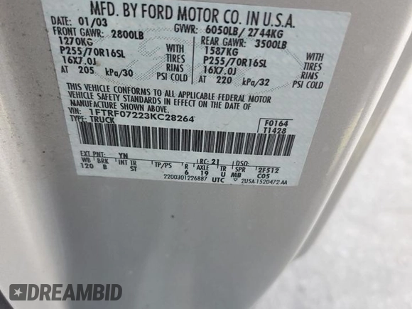 2003 Ford F-150 XL with VIN 1FTRF07223KC28264, listed as a Copart auction lot 61012594 with Not provided miles and Clean title. Bid and sale history available at DreamBid. Image 12.