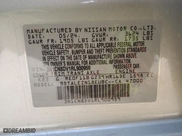 2024 Nissan Versa S with VIN 3N1CN8DV1RL900959, listed as a Copart auction lot 41890755 with 482 mi miles and Salvage Title. Bid and sale history available at carsss.com. Image 12.