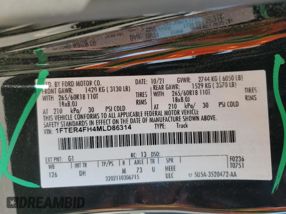 2021 Ford Ranger XL с VIN 1FTER4FH4MLD86314, выставлен на аукционе Copart как лот 58830955 с пробегом 24 680 миль миль и Списание • Salvage title. История ставок и продаж доступна на DreamBid. Изображение 12.