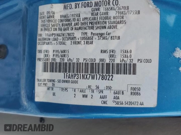 2007 Ford Focus S with VIN 1FAHP31NX7W178022, listed as a Copart auction lot 44641585 with Not Provided miles and Salvage Title. Bid and sale history available at DreamBid. Image 14.