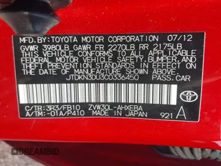 2012 Toyota Prius One z VIN JTDKN3DU3C0336450, wystawiony jako IAAI lot #42402330 z przebiegiem 91 582 mil mil oraz . Historia ofert i sprzedaży dostępna na DreamBid. Obrazek 9.