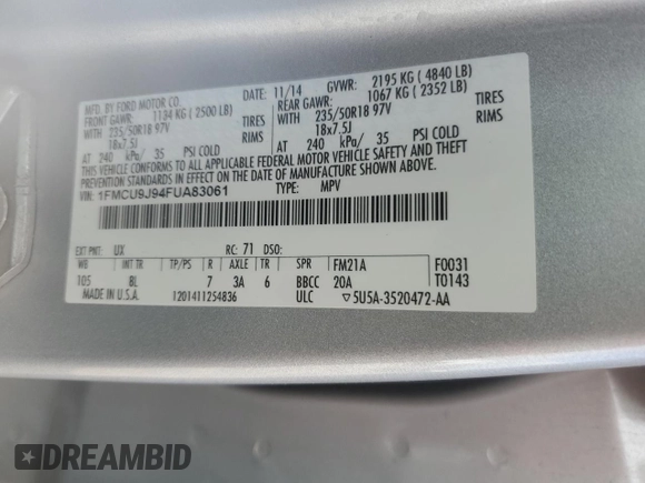 2015 Ford Escape Titanium with VIN 1FMCU9J94FUA83061, listed as a Copart auction lot 56286625 with 251,012 mi miles and Clean Title. Bid and sale history available at DreamBid. Image 12.