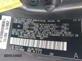 2012 Toyota Sienna LE AAS with VIN 5TDKK3DC0CS236786, listed as a IAAI auction lot 42401816 with 219,738 mi miles and . Bid and sale history available at DreamBid. Image 9.