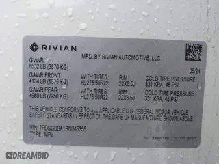 2025 Rivian R1S Adventure with VIN 7PDSGBBA1SN045355, listed as a IAAI auction lot 41491180 with 12,974 mi miles. Bid and sale history available at carsss.com. Image 9.