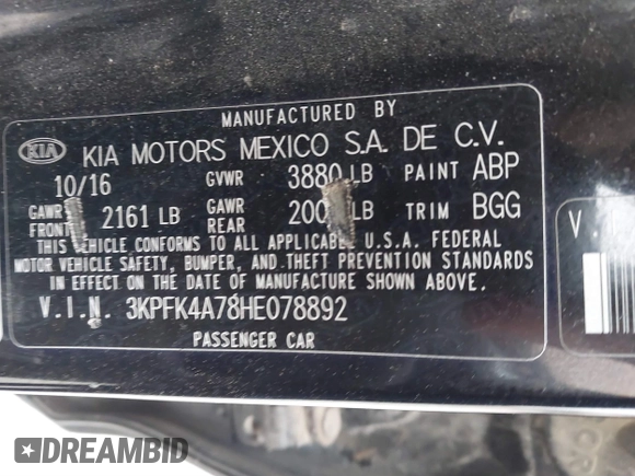 2017 Kia Forte LX with VIN 3KPFK4A78HE078892, listed as a IAAI auction lot 41435604 with 114,035 mi miles. Bid and sale history available at carsss.com. Image 9.