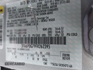 2015 Ford Fusion S with VIN 3FA6P0G79FR262395, listed as a IAAI auction lot 41751742 with 93,163 mi miles. Bid and sale history available at carsss.com. Image 9.