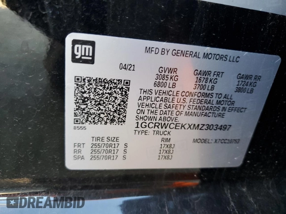 2021 Chevrolet Silverado 1500 LT with VIN 1GCRWCEKXMZ303497, listed as a Copart auction lot 72714484 with 48,682 mi miles and Salvage Title. Bid and sale history available at DreamBid. Image 12.
