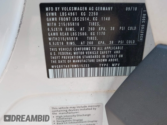2011 Volkswagen Tiguan SEL with VIN WVGBV7AX7BW515233, listed as a IAAI auction lot 41234933 with 170,674 mi miles and . Bid and sale history available at DreamBid. Image 9.