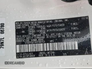 2019 Toyota Sequoia Platinum with VIN 5TDDY5G11KS168154, listed as a Copart auction lot 84562834 with 80,463 mi miles and Salvage Title. Bid and sale history available at carsss.com. Image 15.