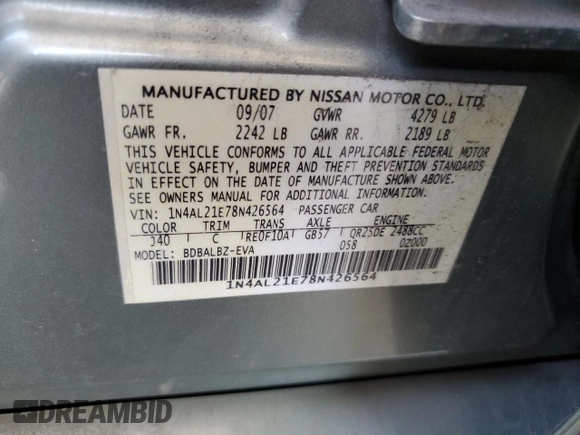 2008 Nissan Altima 2.5 with VIN 1N4AL21E78N426564, listed as a Copart auction lot 51513535 with 146,700 mi miles and Salvage Title. Bid and sale history available at carsss.com. Image 15.