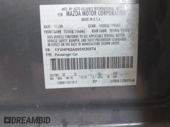 2009 Mazda 6 i Touring with VIN 1YVHP82A695M36574, listed as a IAAI auction lot 41732093 with 216,408 mi miles and . Bid and sale history available at carsss.com. Image 9.