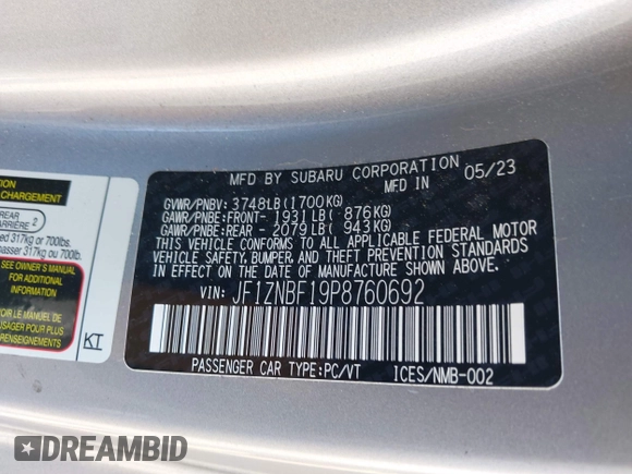 2023 Toyota 86 Premium with VIN JF1ZNBF19P8760692, listed as a IAAI auction lot 42158567 with 16,585 mi miles and . Bid and sale history available at DreamBid. Image 9.