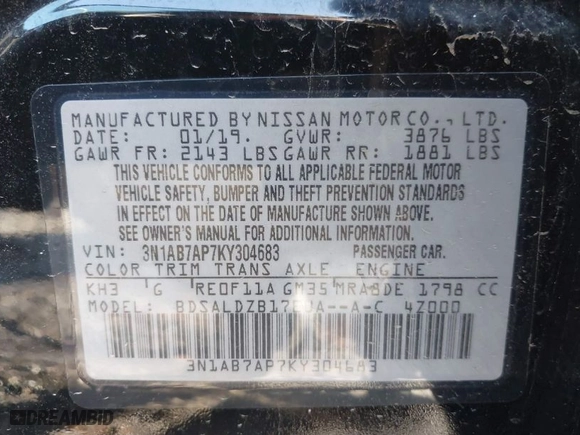 2019 Nissan Sentra S with VIN 3N1AB7AP7KY304683, listed as a IAAI auction lot 41052620 with 151,076 mi miles. Bid and sale history available at carsss.com. Image 9.