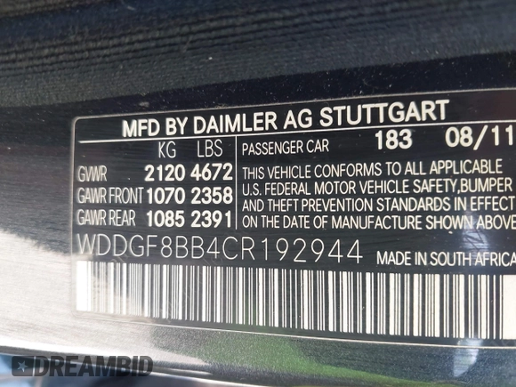 2012 Mercedes-Benz C-Class C 300 Sport with VIN WDDGF8BB4CR192944, listed as a IAAI auction lot 41763293 with 89,422 mi miles. Bid and sale history available at carsss.com. Image 9.